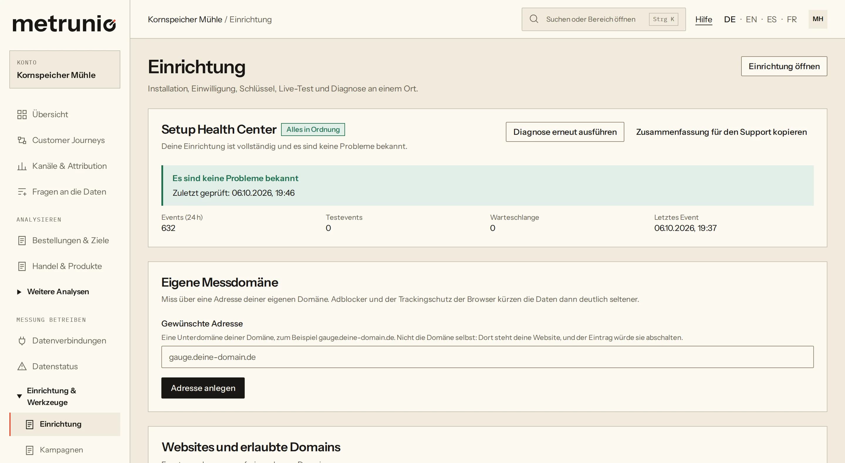 Bildschirmauszug der Einrichtung: das Setup Health Center mit dem Urteil „Alles in Ordnung“, Zählern für Events, Testevents, Warteschlange und letztes Event, darunter der Abschnitt zur eigenen Messdomäne.