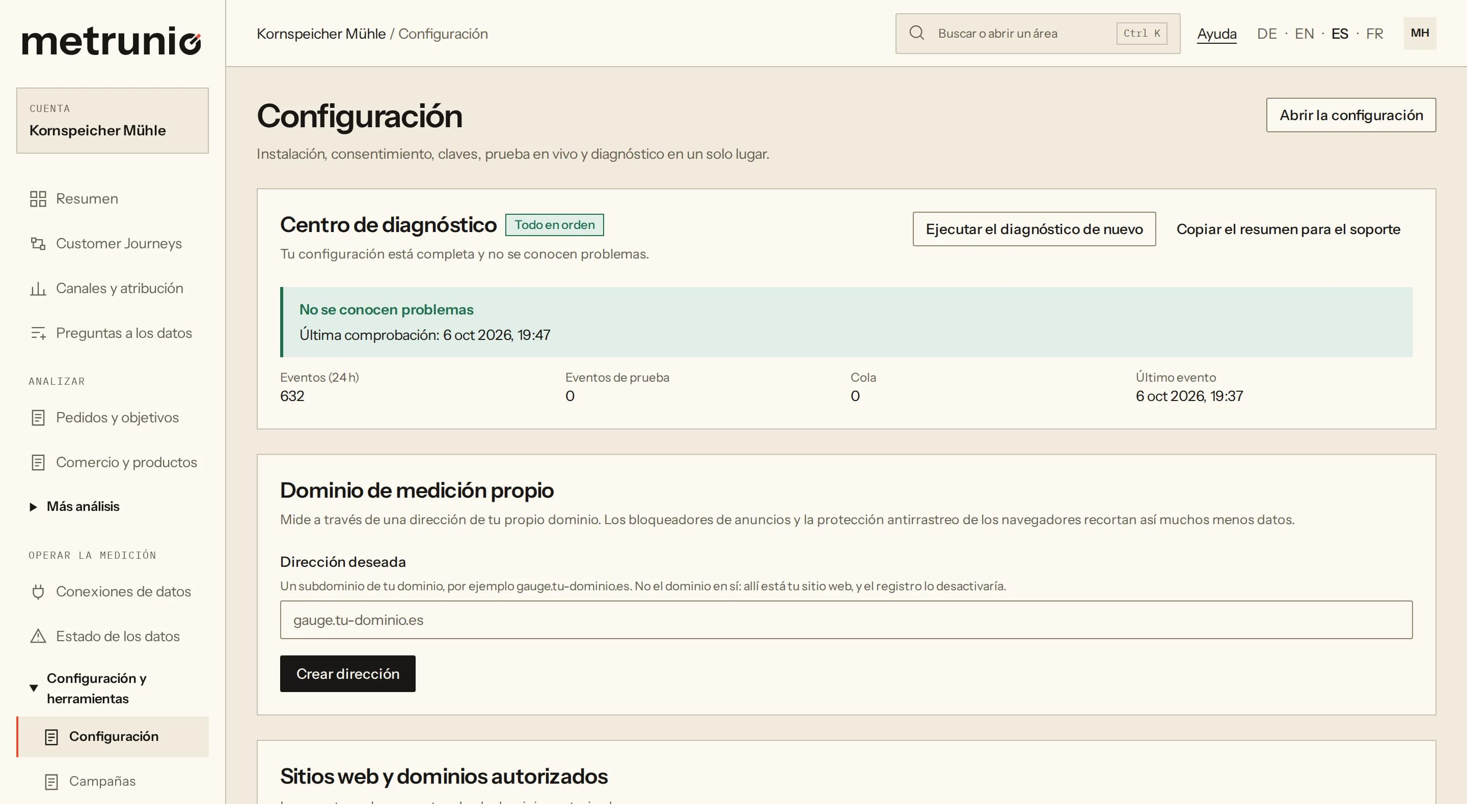 Captura de «Configuración»: el centro de diagnóstico con el veredicto «Todo en orden», contadores de eventos, eventos de prueba, cola y último evento, y debajo el apartado del dominio de medición propio.
