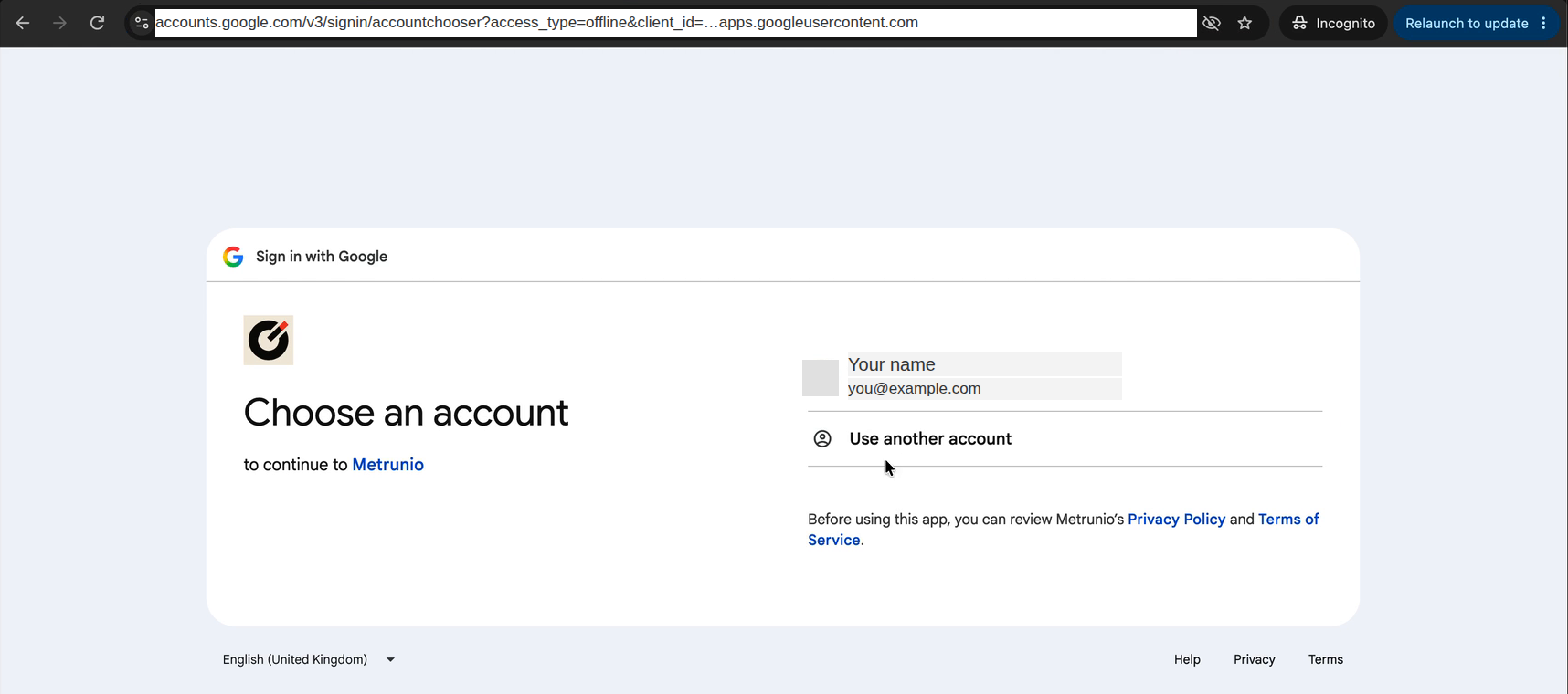 Googles Kontoauswahl „Choose an account to continue to Metrunio“ mit einem Konto und „Use another account“.