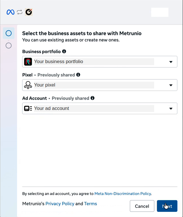 Derselbe Dialog mit ausgefülltem Business-Portfolio, Pixel und Werbekonto und dem Knopf „Next“.